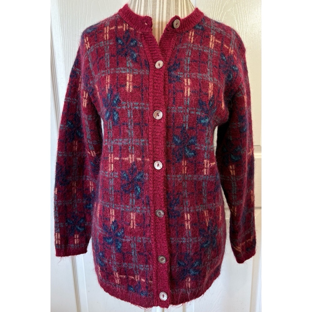 Vintage Red Plaid Floral Knit Cardigan Sweater